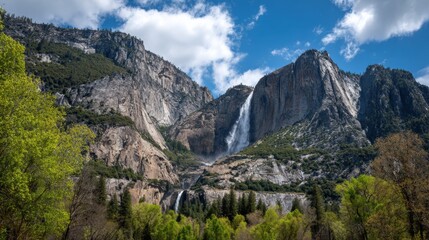 Obraz premium Yosemite National Park Features Tall Waterfalls Cascading Down Granite Mountains During the Vibrant Spring Season Under a Clear Blue Sky