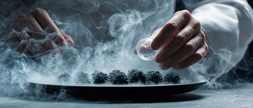 Molecular gastronomy chef creating spherified caviar pearls with liquid nitrogen smoking around dish. Culinary innovation fine dining artistic food preparation modern scientific cooking precision.