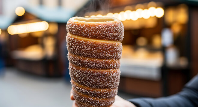 Close-up of a steaming, sugar-coated Trdeln&iacute;k held by a person at a festive outdoor market stall.