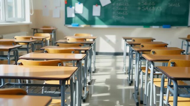 Empty classroom with wooden desks and chairs, sunlight streaming in through large windows