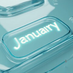 Glowing "January" on a rectangular glass button, surrounded by transparent, textured water