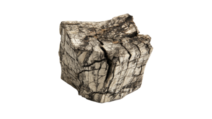 A weathered, cracked wooden block or log section, exhibiting rough texture and deep fissures, isolated on a transparent background. background removed