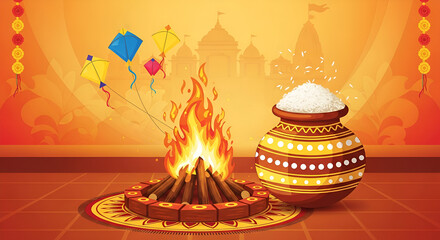 Vibrant Makar Sankranti celebration with traditional bonfire and decorative pot, symbolizing the harvest festival’s joy