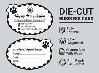 Editable Pet Salon Die-Cut Visiting Card Design for Groomers
