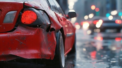 Red Damaged Car on Rainy City Street High Detail damages Scene Photography