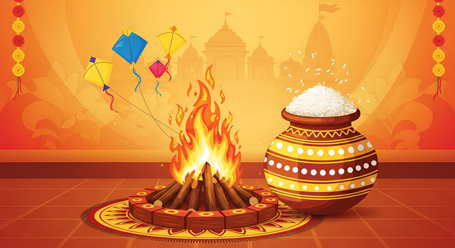 Vibrant Makar Sankranti celebration with traditional bonfire and decorative pot, symbolizing the harvest festival&rsquo;s joy