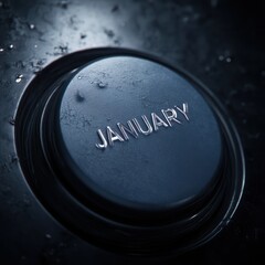 Close-up of a dark, textured button, with the engraved word "JANUARY". Water droplets visible