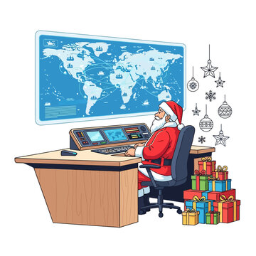 Ilustrasi vektor 2D Sinterklas di meja komando modern, memeriksa peta digital rute pengiriman global, dikelilingi hadiah dan ornamen, dengan ruang salinan.