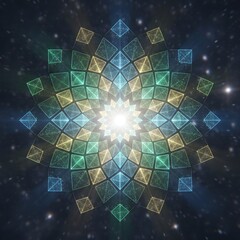 Geometric Mandala With Glowing Light and Cosmic Background