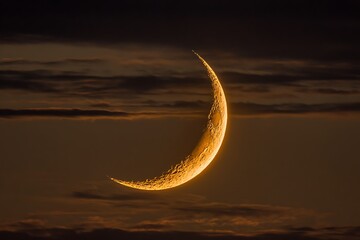 Crescent moon shining through evening twilight clouds