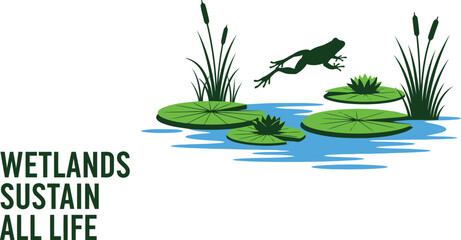 Wetlands sustain all life frog jumping in pond with lily pads reeds environmental awareness graphic