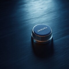 A close-up shot of a single blue button with "JANUARY" on top, set on a dark wood surface