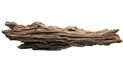 A weathered and textured piece of natural driftwood, exhibiting intricate grains and a rough surface, isolated on a transparent background. background removed