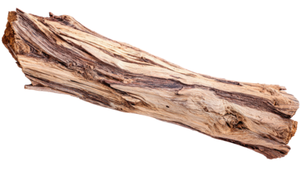 A weathered, rustic piece of driftwood or aged wood branch, showcasing natural textures and intricate grain patterns on a transparent background. background removed