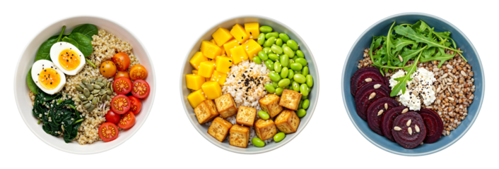 Set of various healthy bowls with spinach, quinoa, tofu and goat cheese isolated on transparent background
