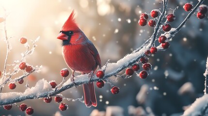 Winter Cardinal Bird Sitting on Snow Covered Berry Branch in a Calm Frosty Forest