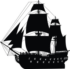 Historic sailing ship silhouette, black galleon icon, naval warship vector, editable stroke, maritime design, ocean adventure graphic © Hey There