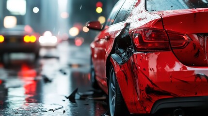 Red Damaged Car on Rainy City Street High Detail damages Scene Photography