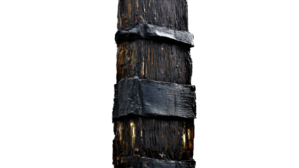 Close-up of a dark, weathered wooden post or pillar with rough horizontal bands and golden streaks on a transparent background. background removed