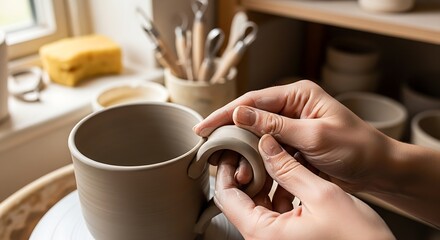 Artist shaping clay mug handle in studio during ceramic creation process