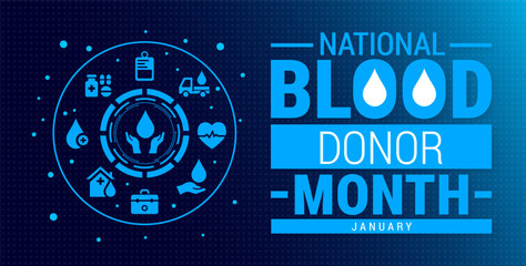 blood donor month blue color technology concepts background, banner, card or poster design template is observed every year during January, to raise awareness about the mission. Vector illustration.