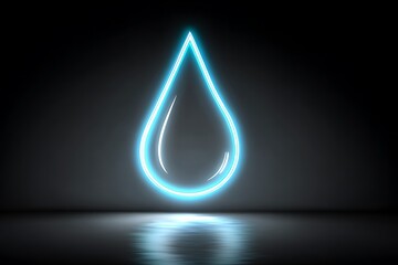 Neon blue water drop symbol glowing in dark
