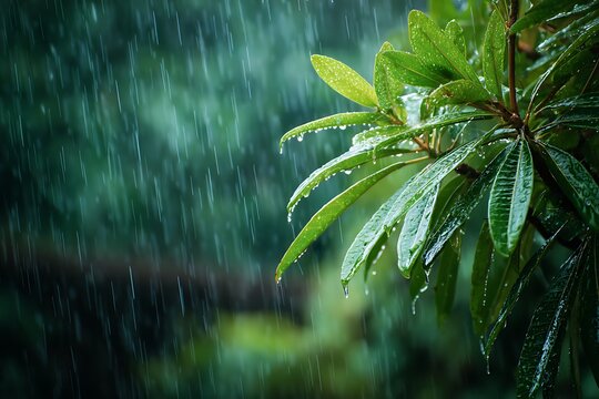Green leaves receiving heavy tropical rain - Powered by Adobe