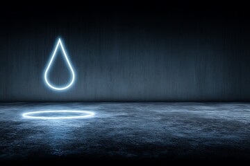 Glowing neon water drop symbol on concrete floor