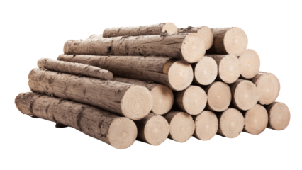 A large, neatly stacked pile of natural, untreated wooden logs, displaying prominent growth rings on their ends, on a transparent background. background removed