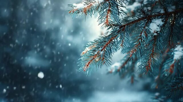 Generative AI. Snow-covered pine branches frame a serene winter landscape with soft snowfall and a blurred blue background, creating a tranquil and festive atmosphere for seasonal celebrations