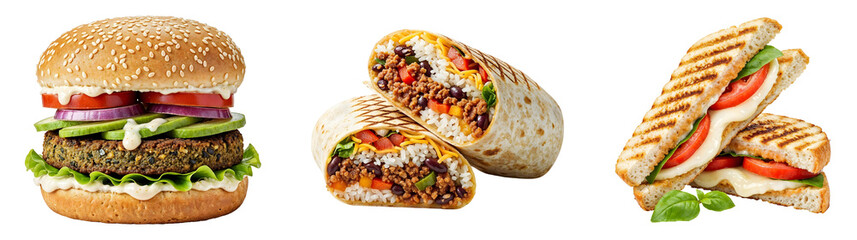 Set of vegan burger burrito and panini isolated on transparent background