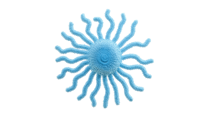 A 3D rendering of a blue microscopic organism with numerous tentacle-like protrusions, resembling a spiky cell or virus against a transparent background. background removed