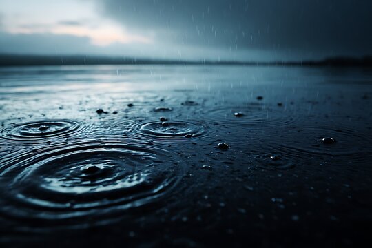 Raindrops creating ripples on a dark water surface