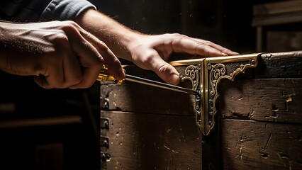 Craftsman repairs an antique treasure chest with decorative metalwork