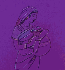 Naklejka premium Sketch of Tradition, Woman with a Water Pot, Woman in a Purple Hue