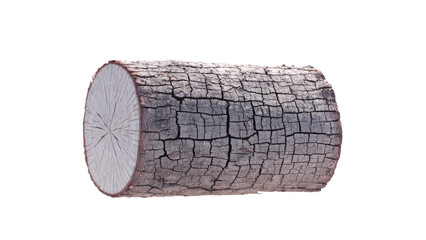 Obraz premium A single, isolated wooden log featuring a rough, cracked bark texture and a detailed visible cross-section, ideal for natural themes. background removed