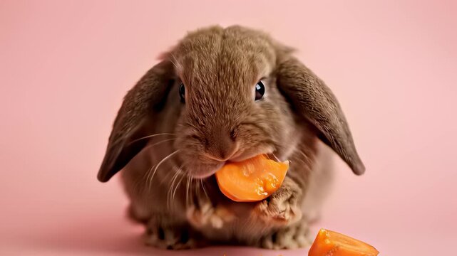 Cute bunny surrounded by carrots sits contentedly on bright pink surface capturing wholesome innocence conveying simplicity carefree joy perfect for cooking show backgrounds or restaurant.