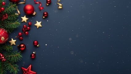 Dark Blue Christmas Background with Red Baubles and Golden Stars