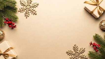 Golden Christmas Background with Snowflakes, Pine Branches, and Gift Boxes