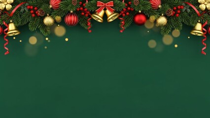 Green Christmas Background with Festive Garland and Golden Bells
