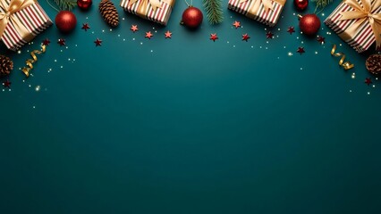 Teal Christmas Background with Gift Boxes, Stars, and Pine Decorations
