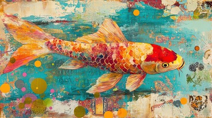 Vibrant koi fish art, colorful scales, textured background, abstract elements.