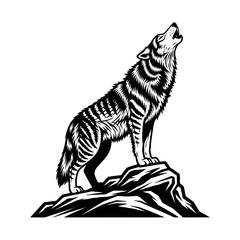 Majestic Wolf Howling on Rocky Peak, Striking Black and White Illustration.