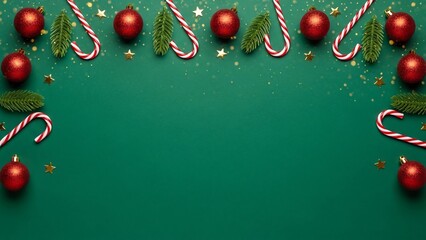 Green Christmas Background with Candy Canes, Baubles, and Gold Stars