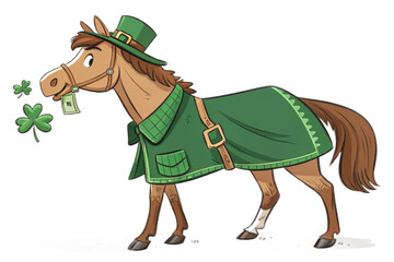 Cartoon style illustration of a horse dressed as a leprechaun for St. Patrick's Day, wearing a hat and coat, carrying cash in his mouth isolated on transparent background