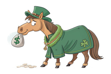Cartoon style illustration of a horse dressed as a leprechaun for St. Patrick's Day, wearing a hat and coat, carrying cash in his mouth isolated on transparent background