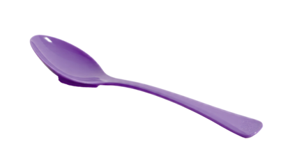 A vibrant purple plastic spoon with an ornate embossed handle design, captured diagonally on a solid background, ready for dining. background removed