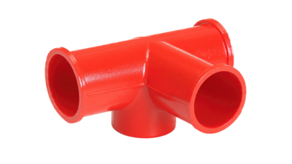 A bright red plastic T-shaped pipe fitting, commonly used for plumbing or irrigation systems, stands out on a clean transparent background. background removed