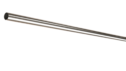 A shiny, hollow metal tube extends diagonally across a transparent background, showcasing its reflective surface and open end. background removed