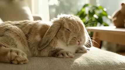 Cuddly bunny lies peacefully on plush couch surrounded by soft cushions and gentle curves, capturing the concept of sweet slumber and carefree innocence, evoking feelings of serenity.